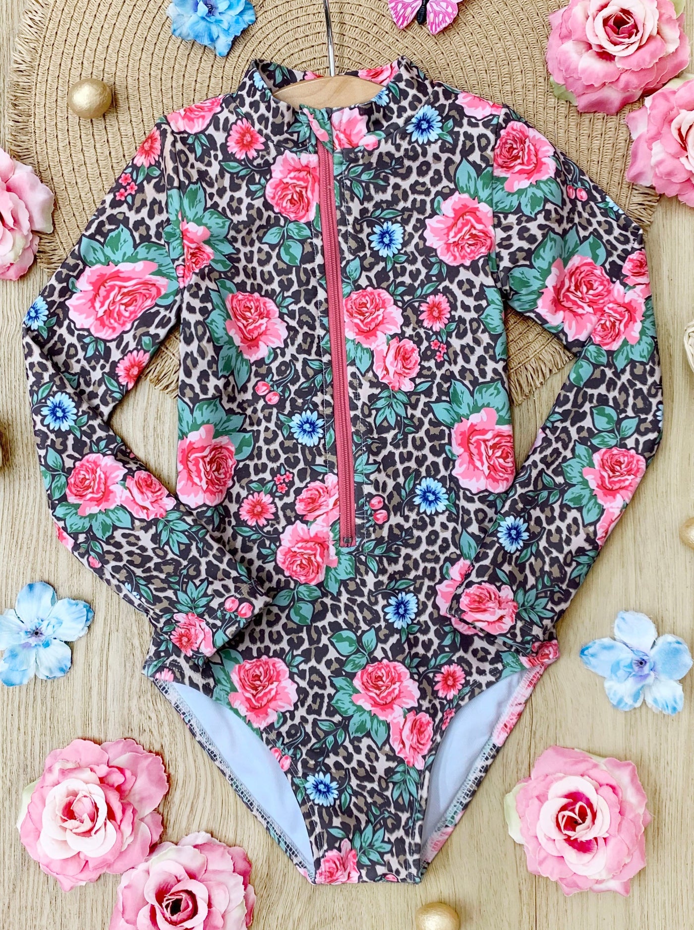 Toddler Swimwear | Girls Leopard Floral Rash Guard One Piece Swimsuit