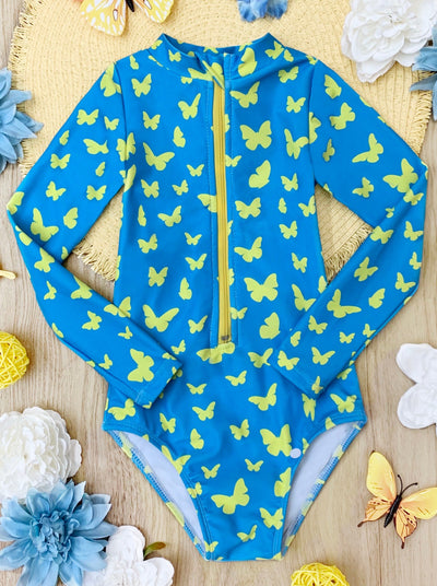 Toddler Swimwear | Girls Butterfly Rash Guard One Piece Swimsuit
