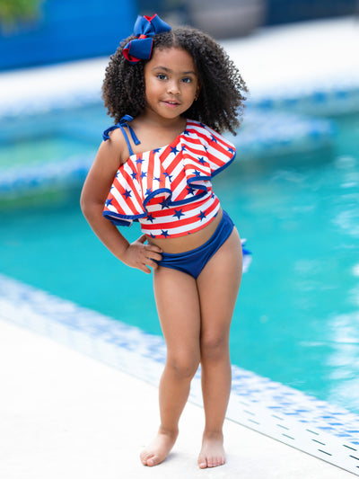 Girls Stars And Stripes One Shoulder Two Piece Swimsuit | 4th of July