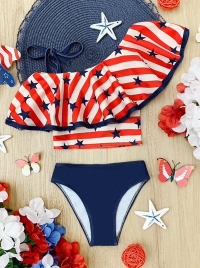 Girls Stars And Stripes One Shoulder Two Piece Swimsuit | 4th of July
