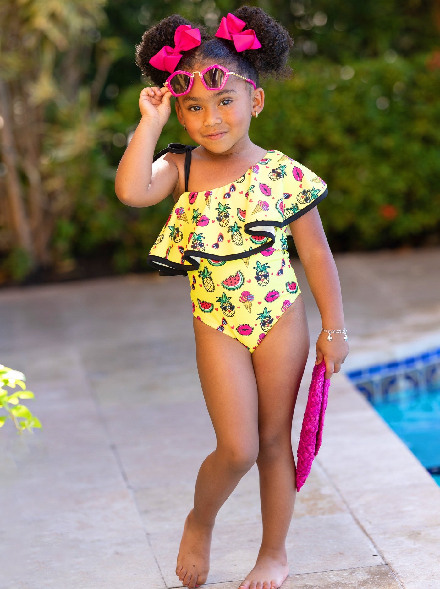 Toddler Swimwear | Girls Tropic Emoji Shoulder One Piece Swimsuit