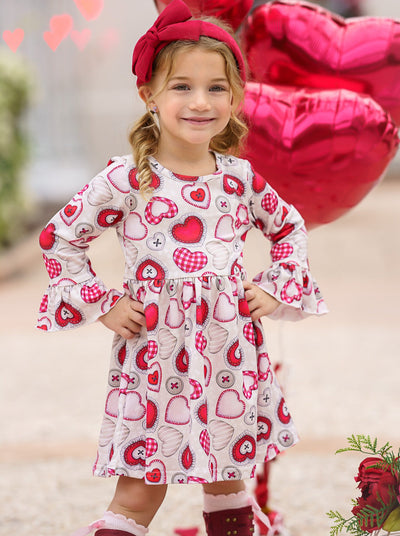 Valentines Day Outfits | Girls Heart Button Print Long Sleeve Dress