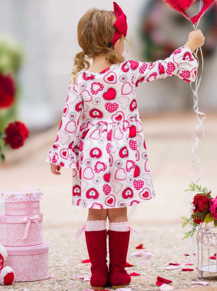 Valentines Day Outfits | Girls Heart Button Print Long Sleeve Dress
