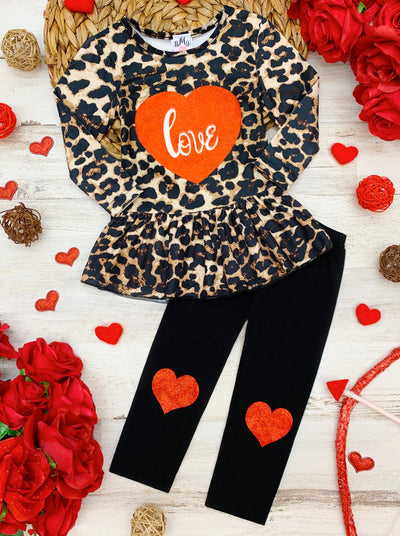 Kids Valentine's Clothes | Leopard Peplum Top & Patch Legging Set