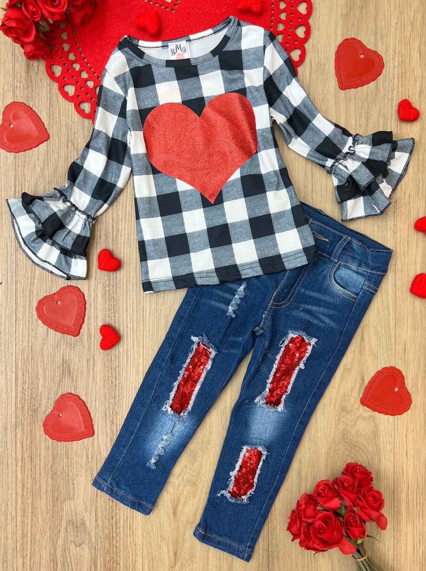 Valentine's Outfit | Girls Glitter Heart Plaid Top & Patched Jeans Set