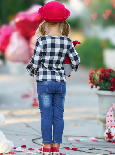 Valentine's Outfit | Girls Glitter Heart Plaid Top & Patched Jeans Set