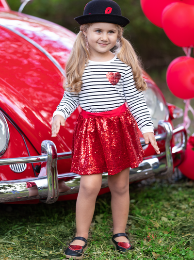 Toddler Valentine's Outfits | Girls Striped Top and Sequin Skirt Set