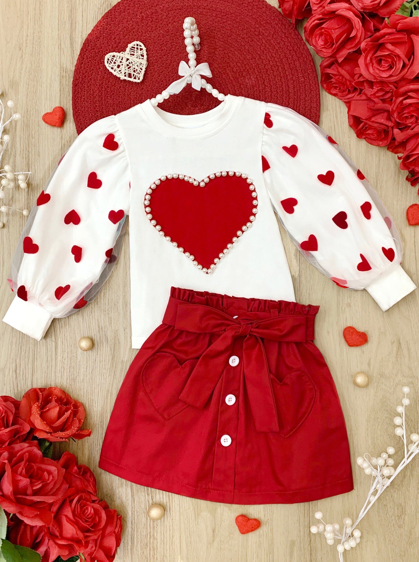 Toddler Valentine's Outfits | Heart Tulle Sleeve Top and Skirt Set ...