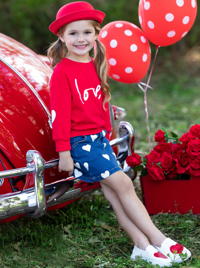 Toddler Valentine's Outfits | Love Pullover Sweater & Denim Skirt Set