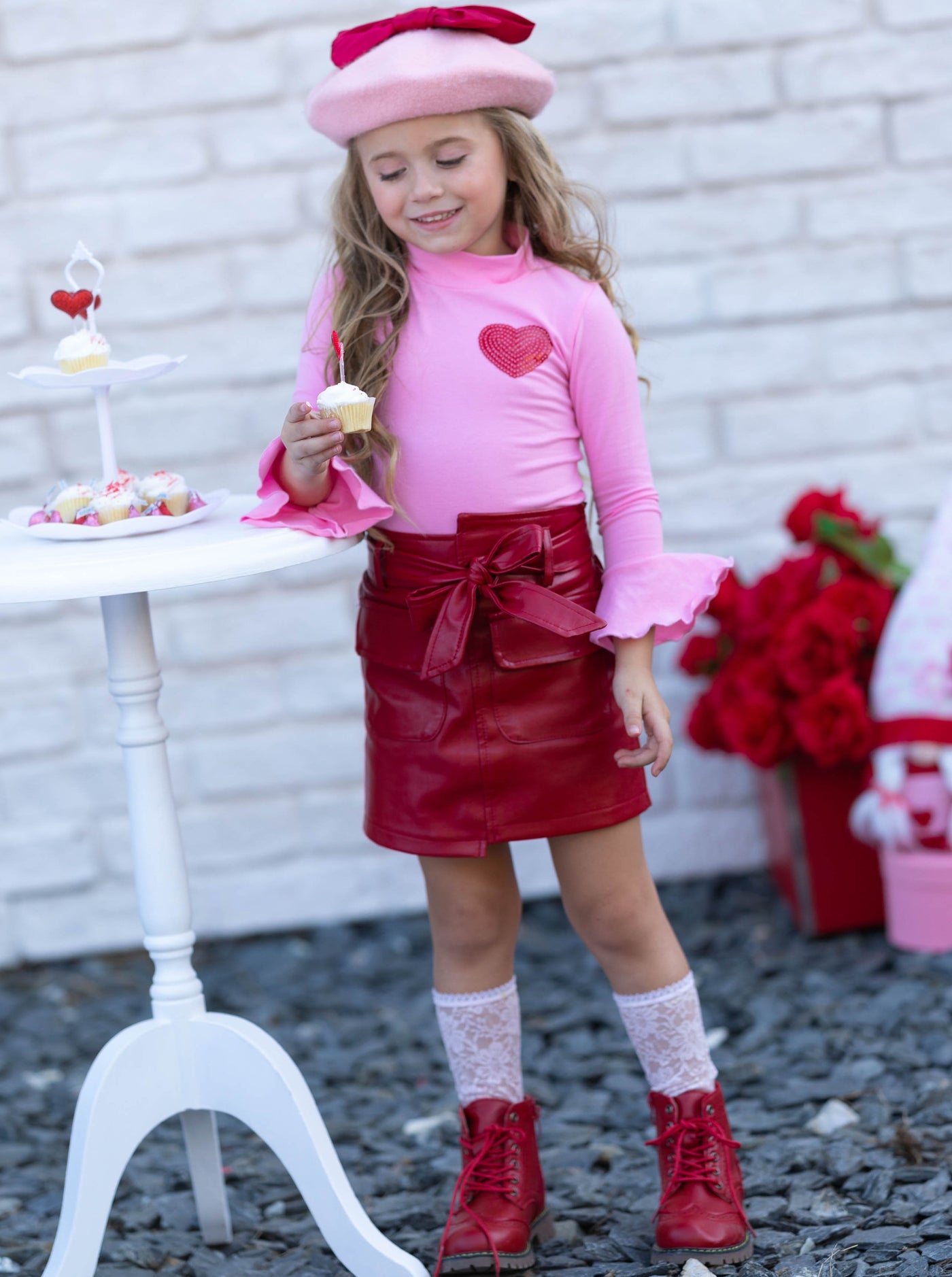 Mia Belle Girls Valentine Flared Cuff Top & Vegan Leather Skirt Set