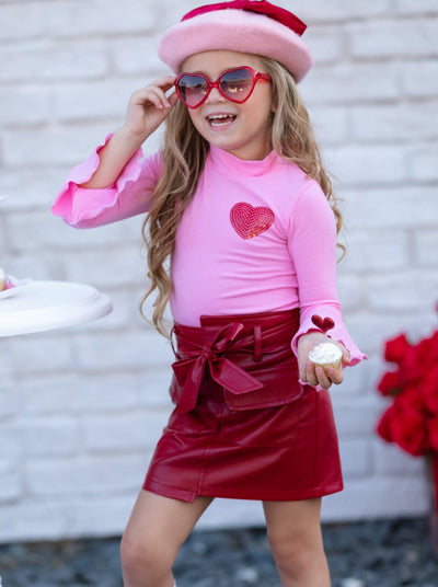 Mia Belle Girls Valentine Flared Cuff Top & Vegan Leather Skirt Set