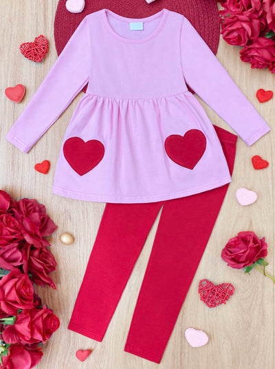 Mia Belle Girls Heart Patch Tunic & Legging Set | Valentine's Outfit