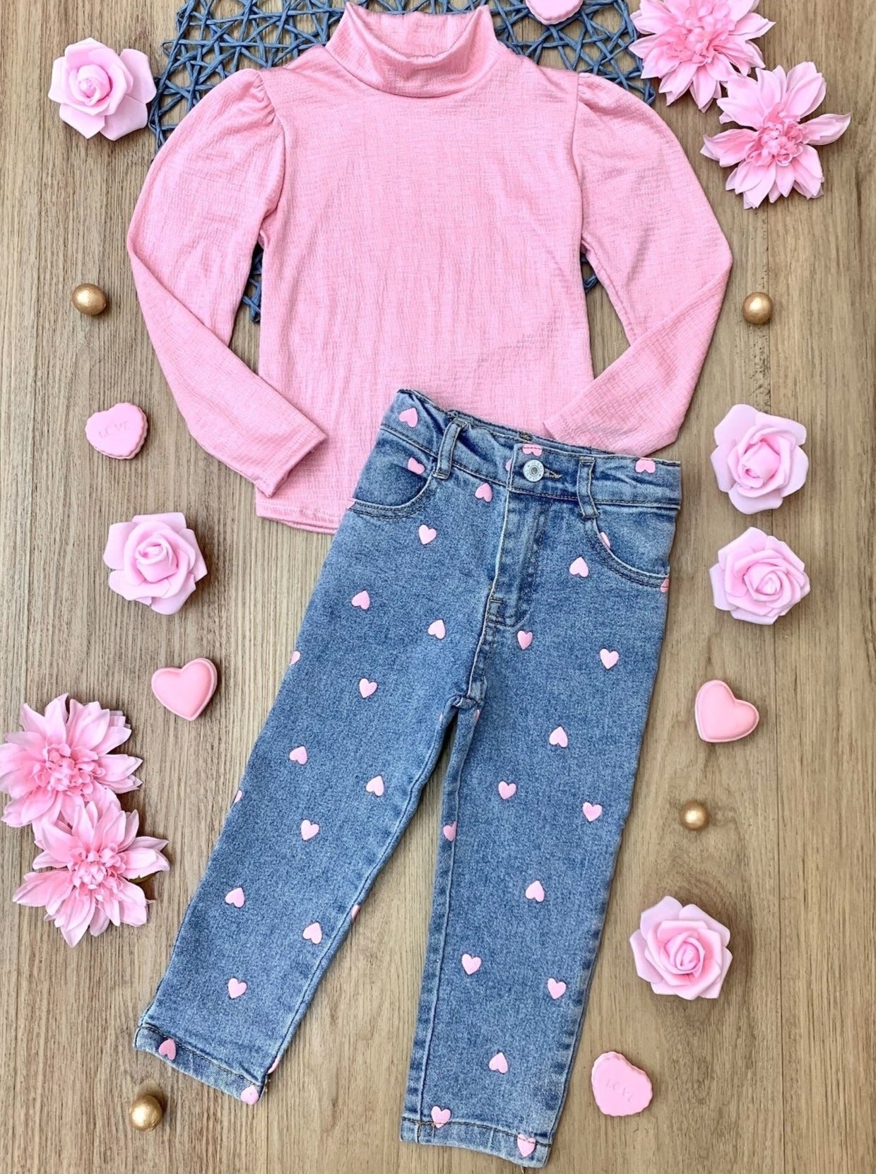 Kids Valentine's Day Outfits | Girls Pink Turtleneck & Heart Jeans Set