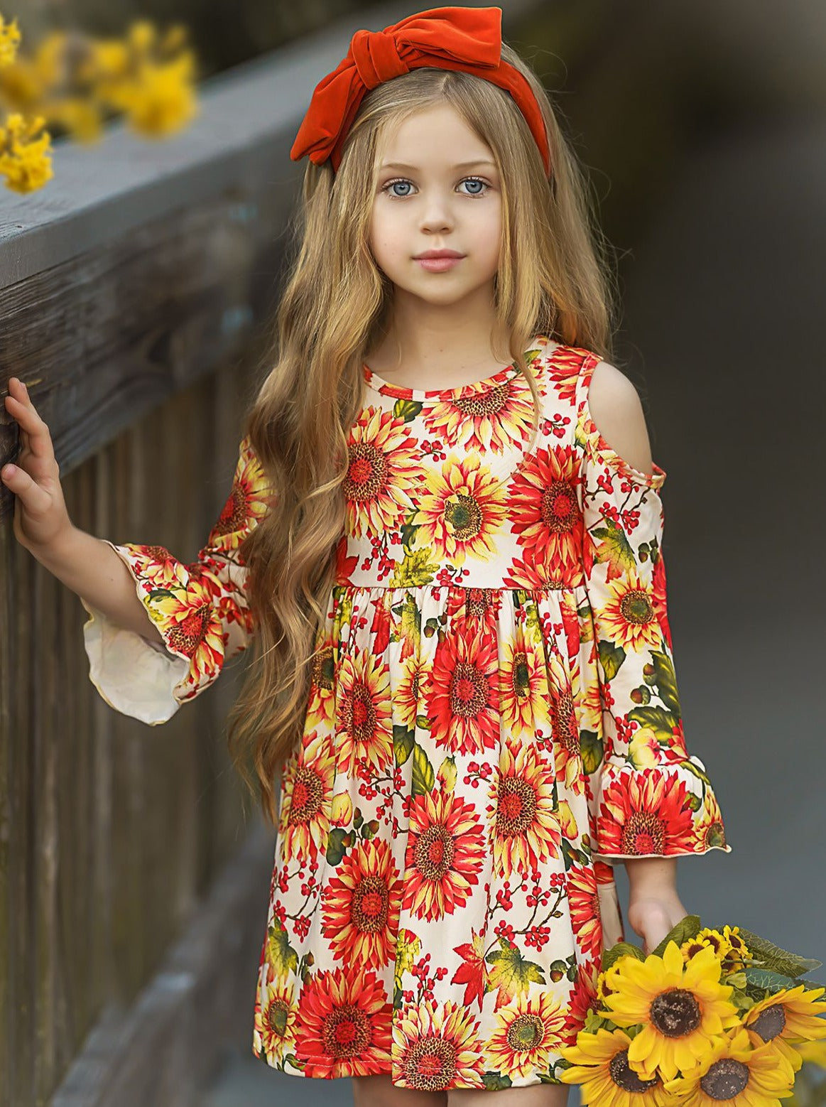 Girls Sunflower Print Cold Shoulder Ruffled Long Sleeve Dress