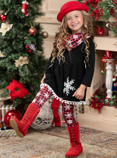 Winter Casual Sets | Girls Snowflake Plaid Tunic, Scarf, & Legging Set