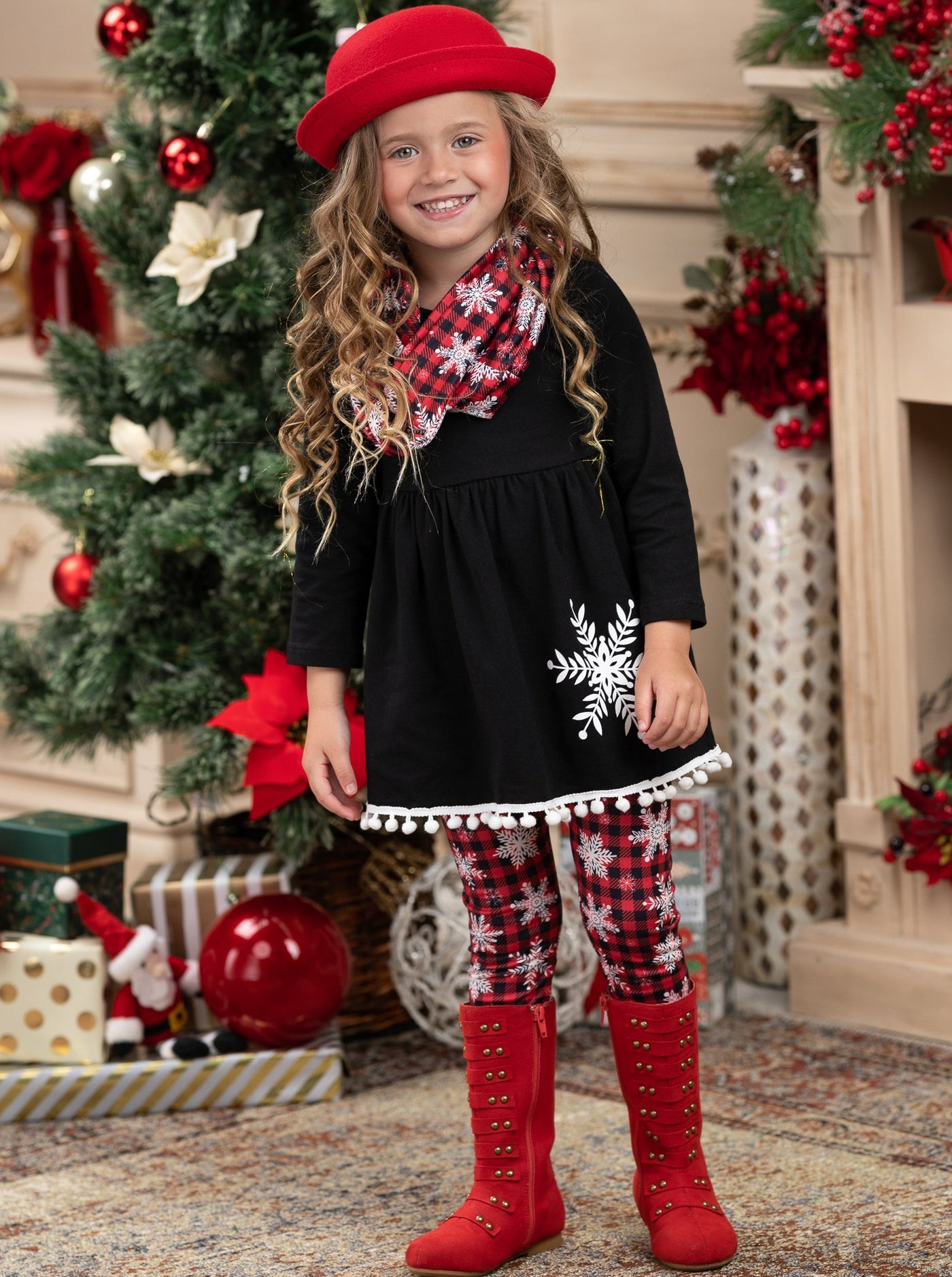Winter Casual Sets | Girls Snowflake Plaid Tunic, Scarf, & Legging Set