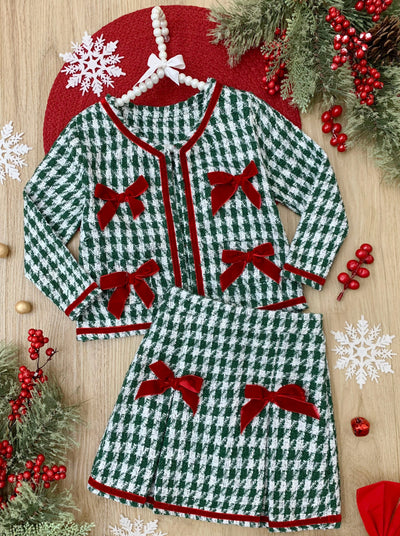 Winter Dressy Sets | Girls Houndstooth Knit Blazer & Pleated Skirt Set