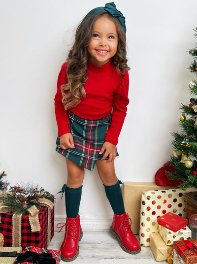 Cute Winter Dressy Sets | Girls Puff Turtleneck Top & Plaid Skort Set