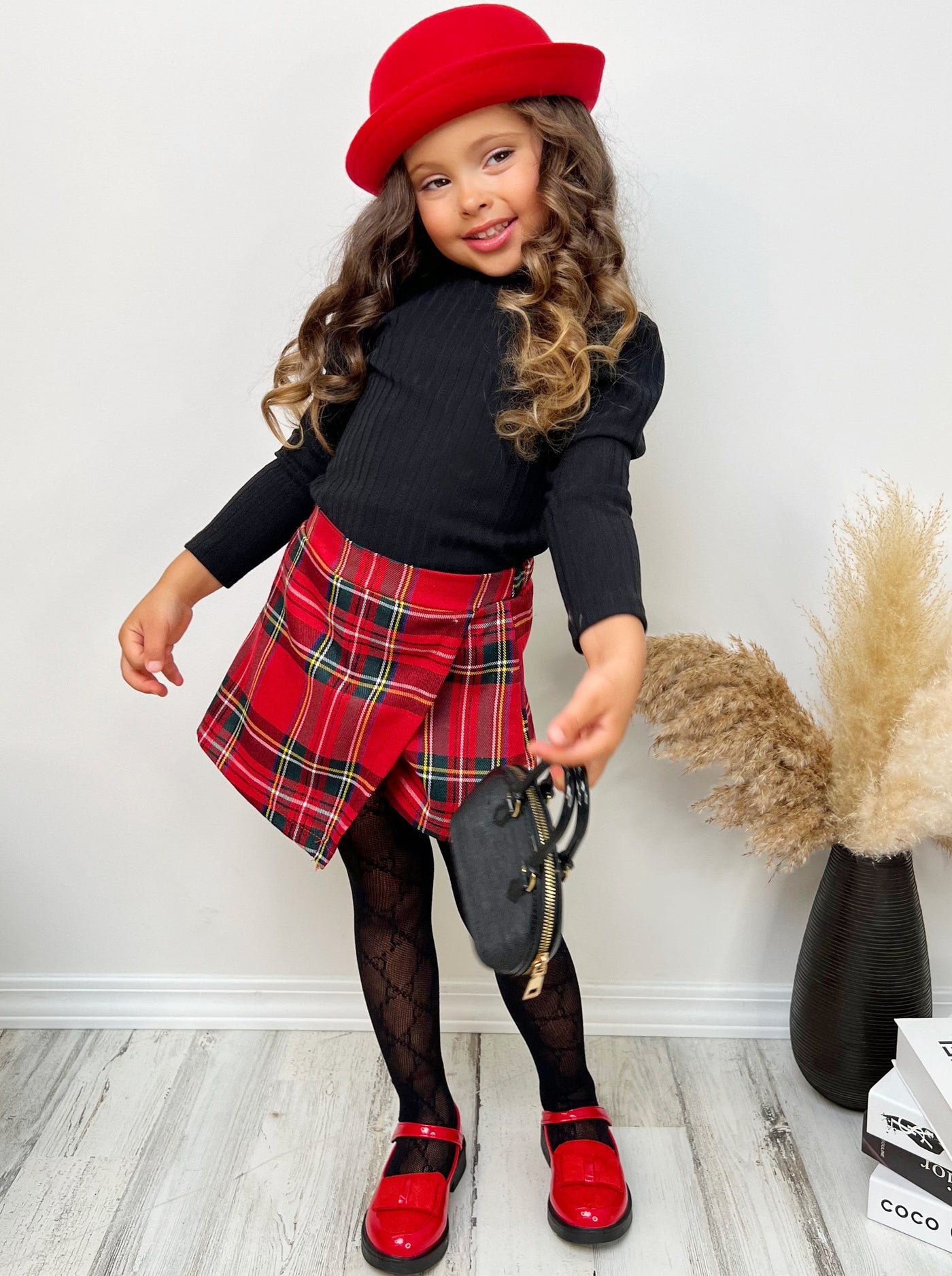 Cute Winter Dressy Sets | Girls Puff Turtleneck Top & Plaid Skort Set
