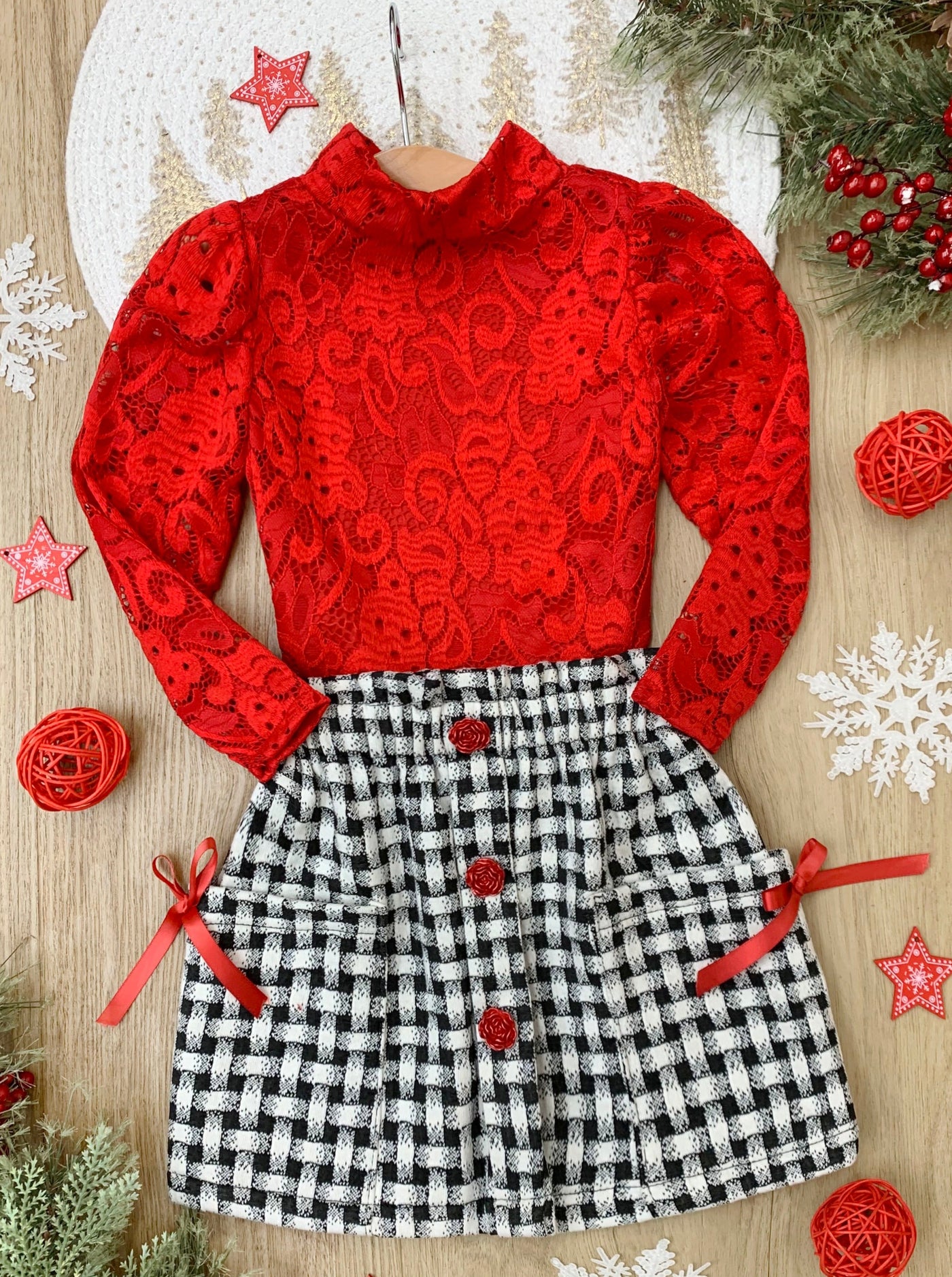 Winter Dressy Sets | Girls Lace Turtleneck Top & Basket Weave Skirt Set