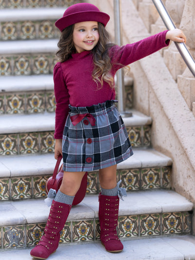 Preppy Chic Sets | Wooly Turtleneck & Plaid Skirt | Mia Belle Girls