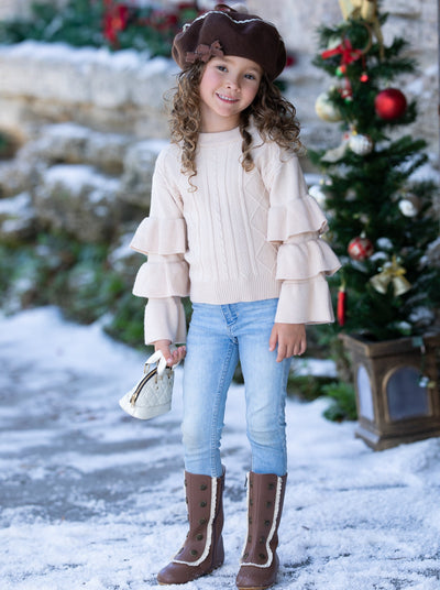 Cute Fall Sweaters | Girls Creme Three Tiered Sleeve Cable Knit Sweater
