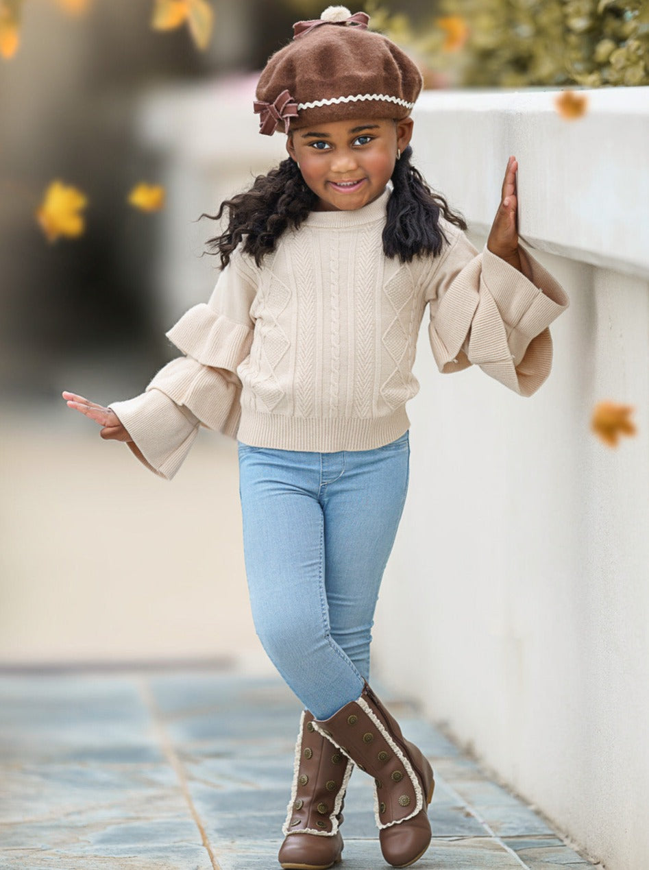 Cute Fall Sweaters | Girls Creme Three Tiered Sleeve Cable Knit Sweater
