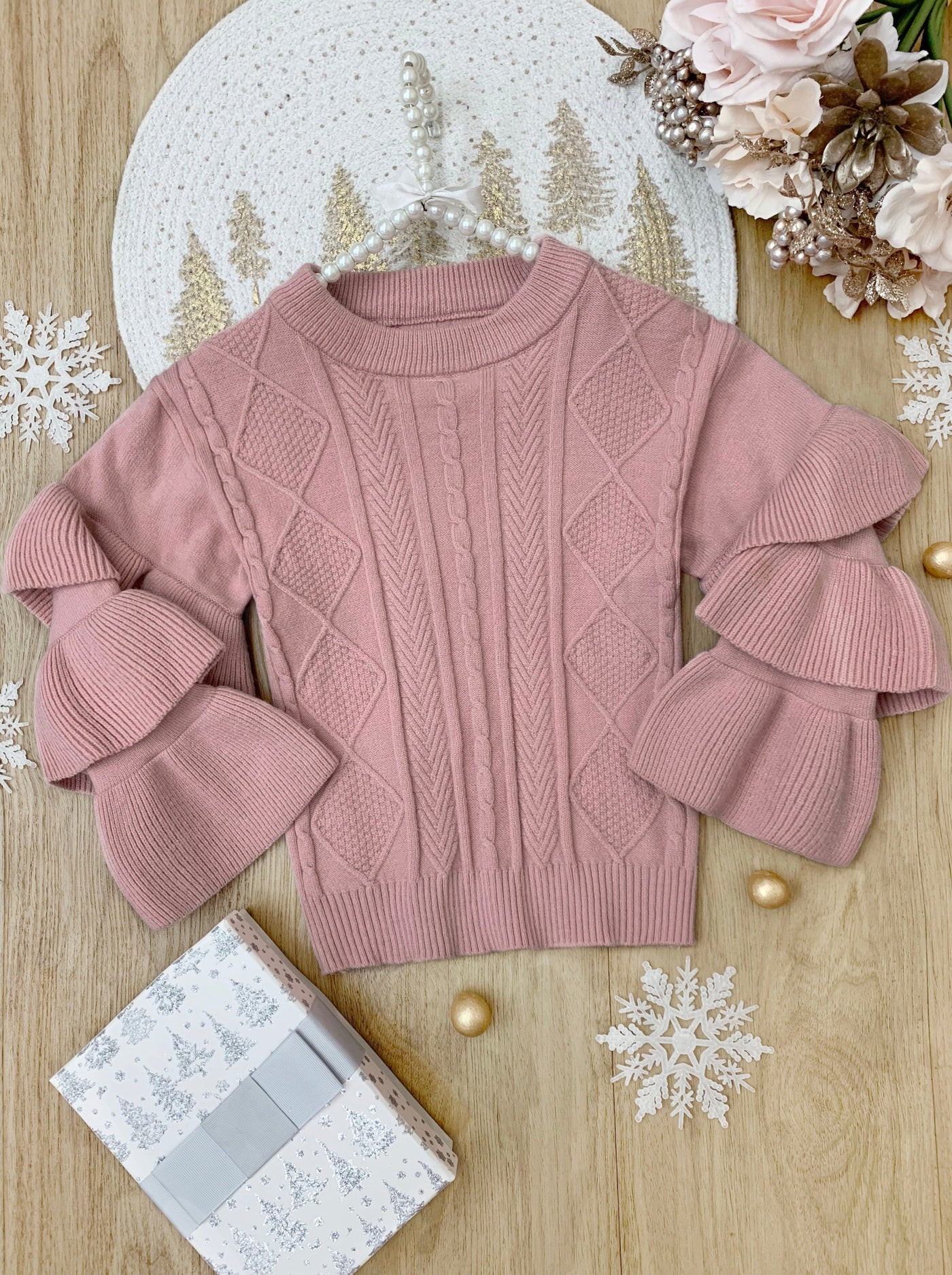 Cute Fall Sweaters | Girls Pink Three Tiered Sleeve Cable Knit Sweater