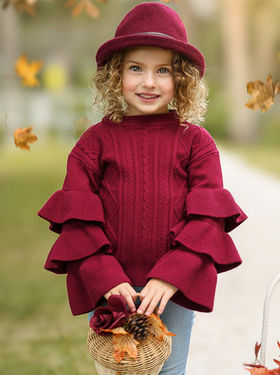 Cute Fall Sweaters | Girls Burgundy Tiered Sleeve Cable Knit Sweater