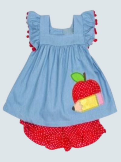 Little girls back to school ruffle tunic with pom-pom tassels and apple/pencil applique and polka dot ruffle shorts - Mia Belle Girls