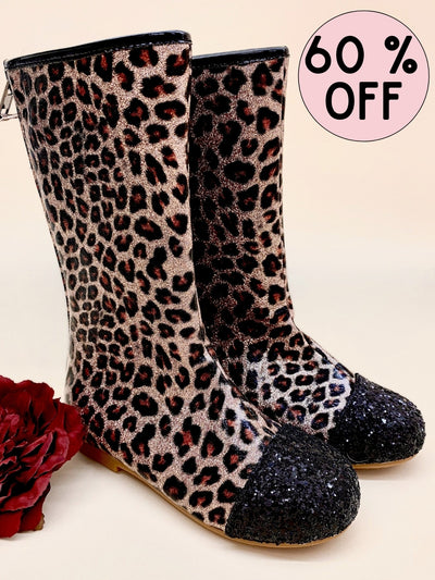 Girls Leopard Print Black Glitter Cap Toe Boots By Liv and Mia
