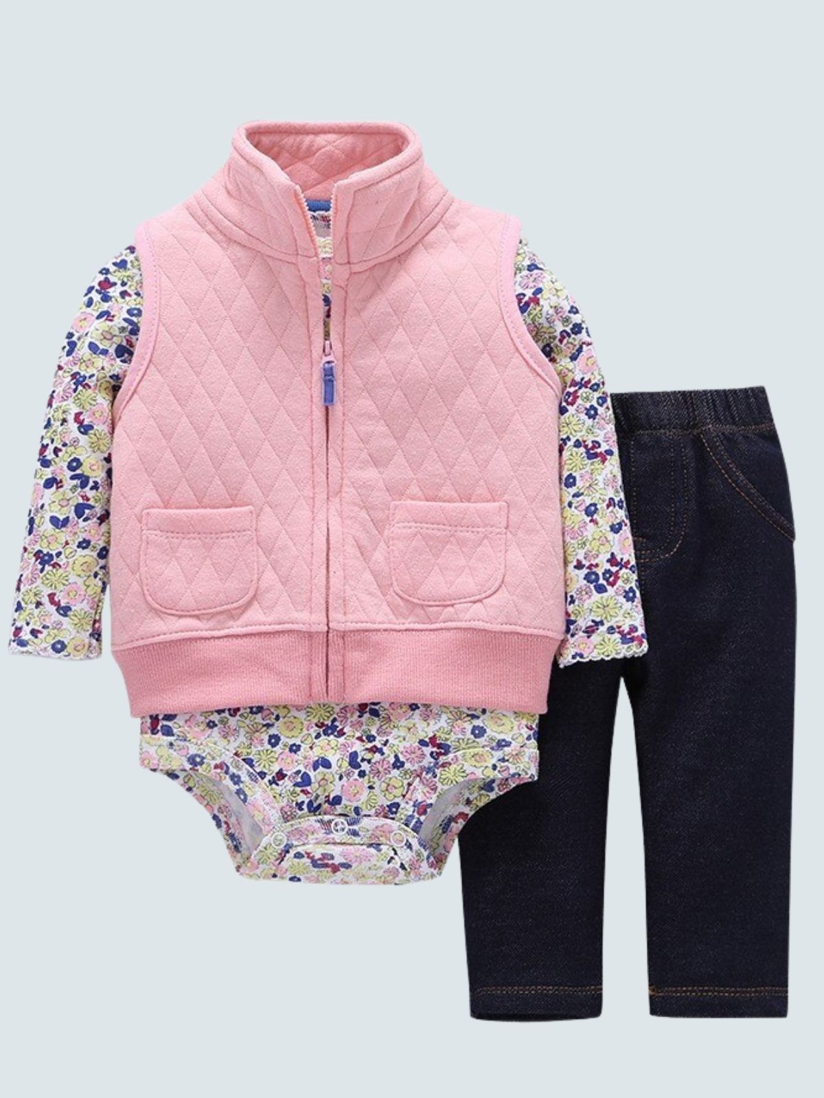 Baby Adventure-Ready Floral Onesie, Sleeveless Jacket, and Legging Set