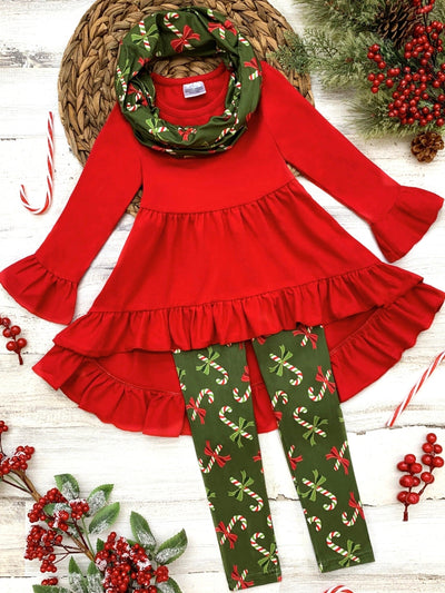 Toddler Winter Clothes | Candy Cane Print Tunic, Scarf, & Legging Set