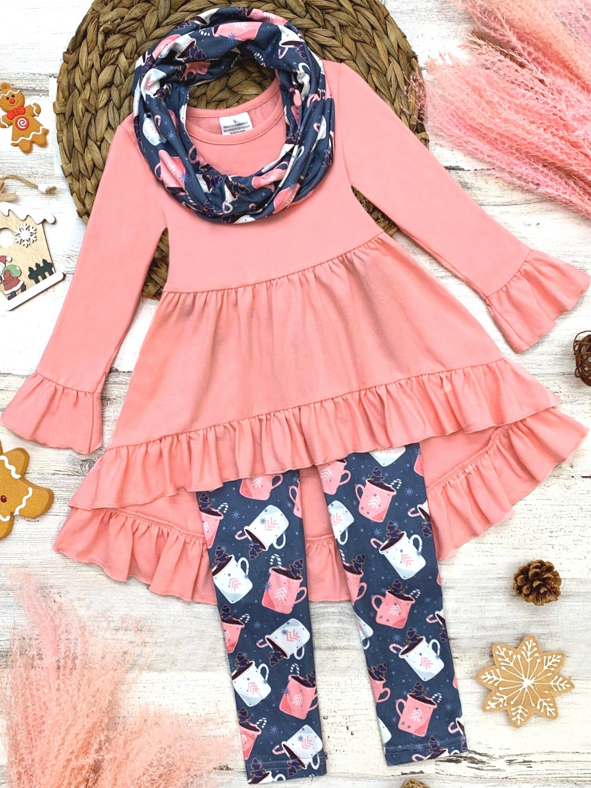 Girls Hot Chocolate Please Hi-Lo Tunic and Legging with Matching Scarf Set