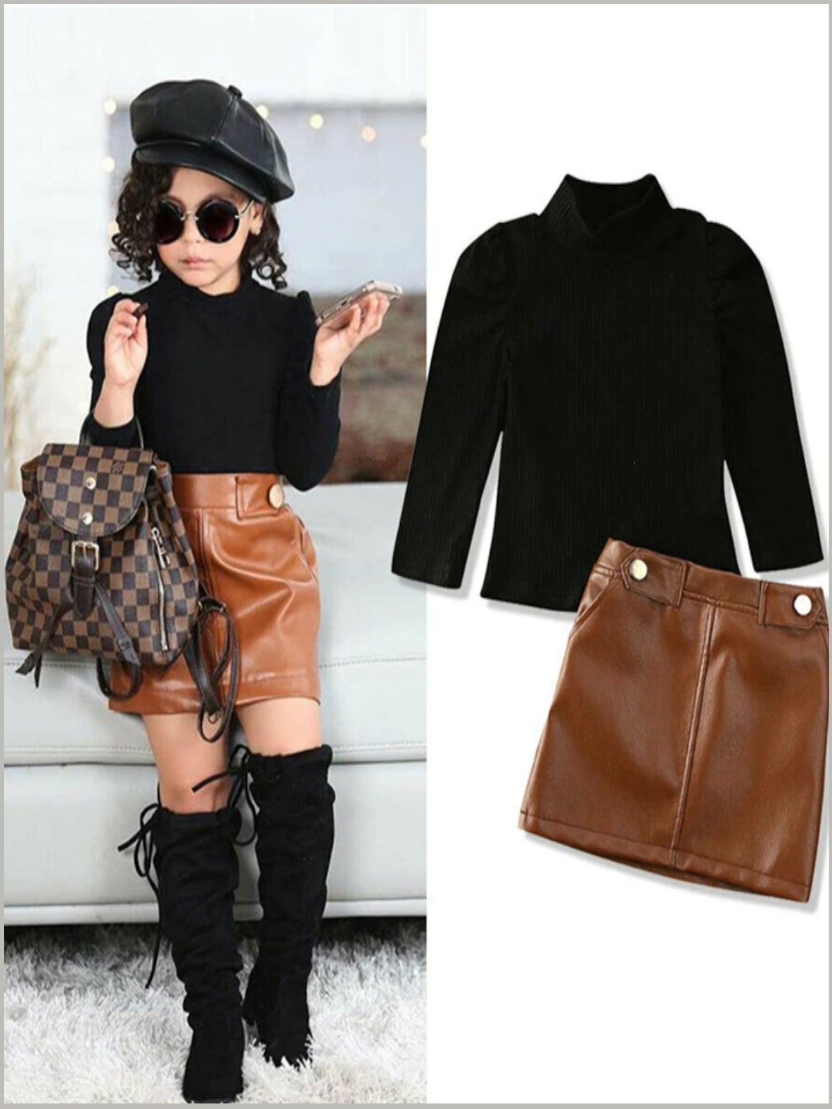 Girls A Little Chic Top and Vegan Leather Skirt Set - Mia Belle Girls