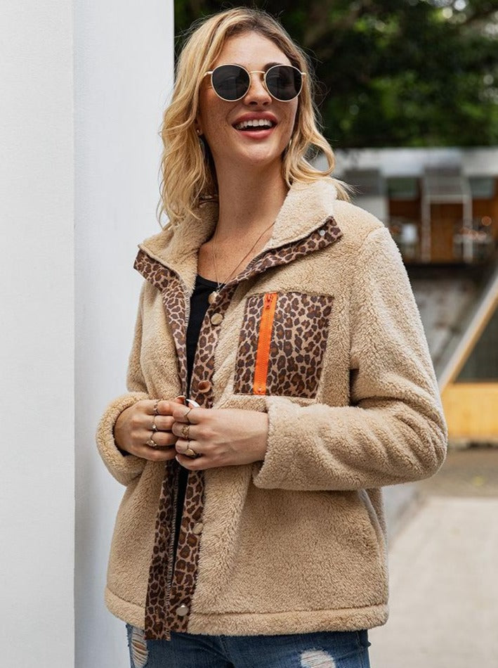Women's Leopard Lined Plush Button Down Cardigan Beige