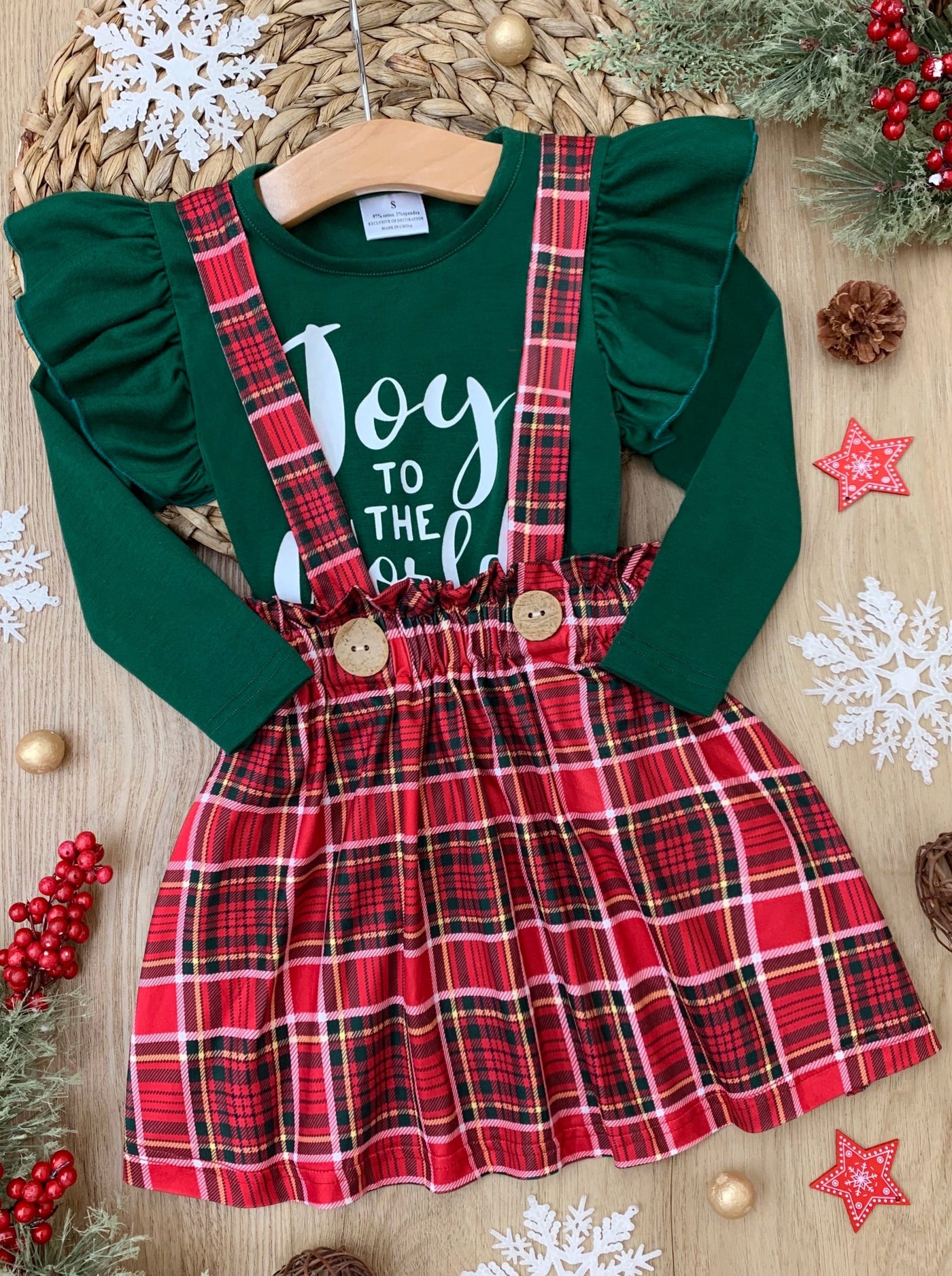 Winter Skirt Sets | Girls Joy To The World Plaid Suspender Skirt Set