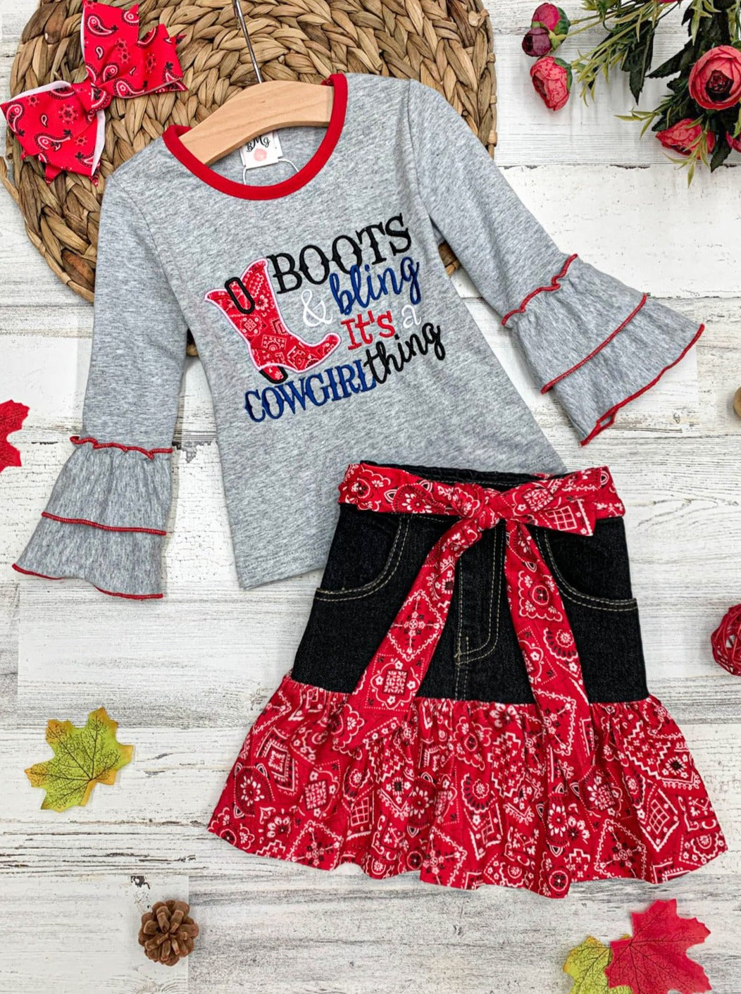 Girls "Boots Bling, It's a Cowgirl Thing" Top and Paisley Ruffled Denim Skirt Set