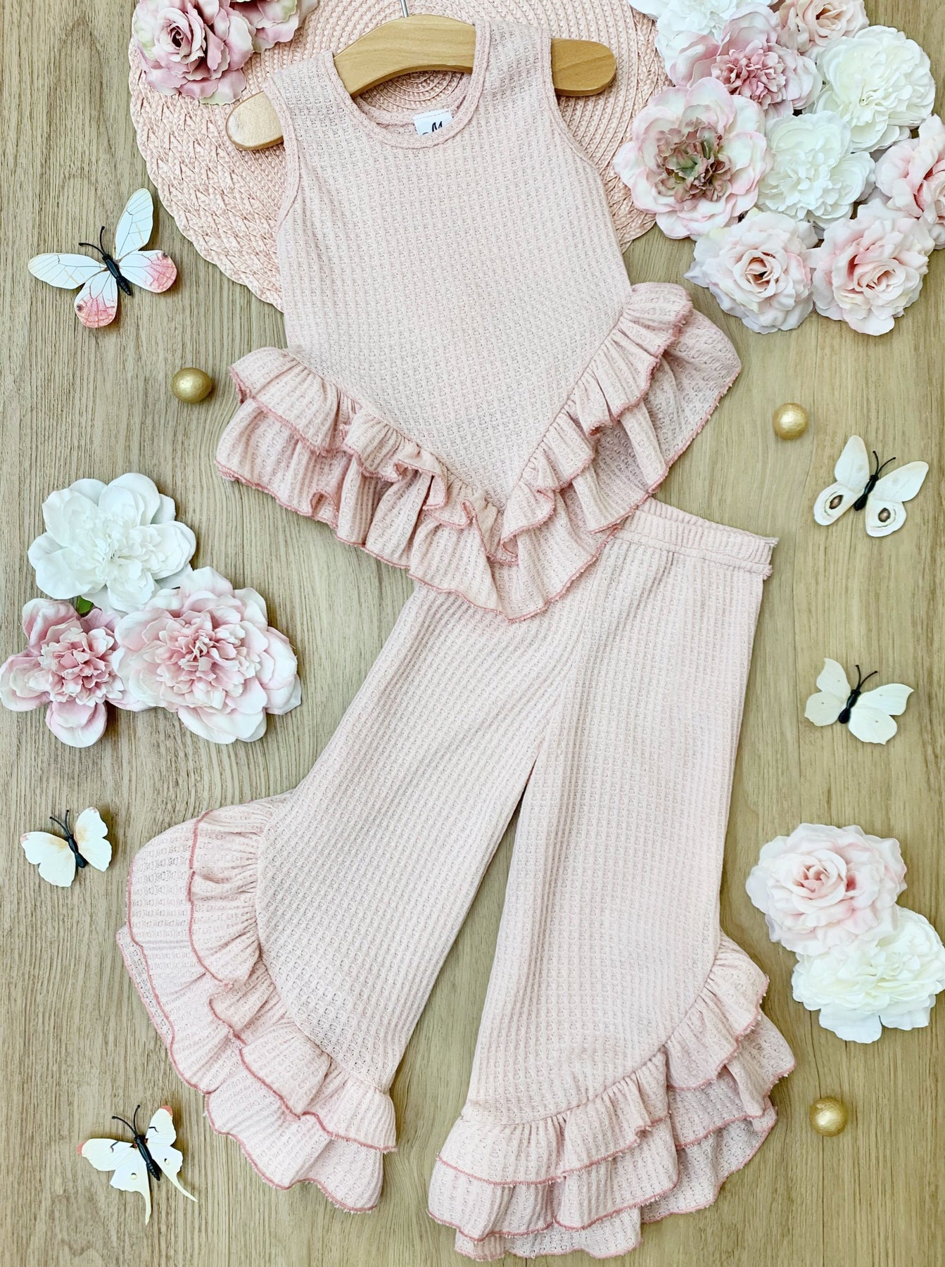 Cute Spring Outfit | Girls Pastel Ruffle Hem Top & Wide Leg Pants Set ...