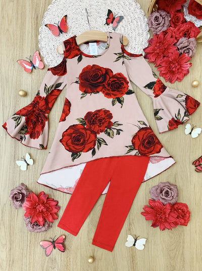 Girls Coming Up Roses Cold Shoulder Bell Sleeve Tunic and Leggings Set