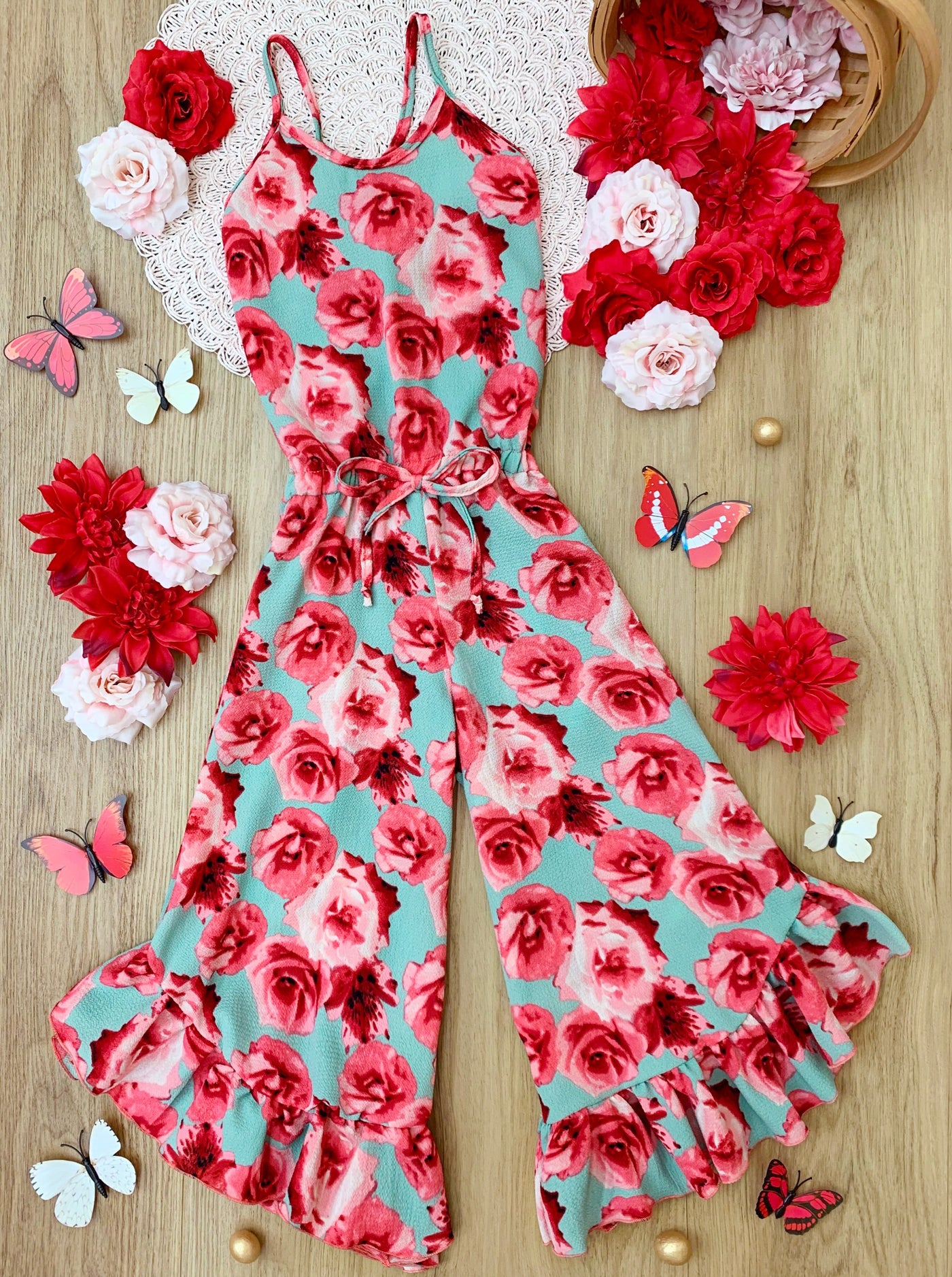 Cute Toddler Outfit | Girls Sleeveless Floral Ruffle Hem Jumpsuit