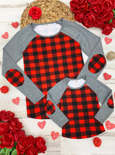 Mommy and Me Matching Tops | Plaid Elbow Patch Raglan Top | Girls Tops