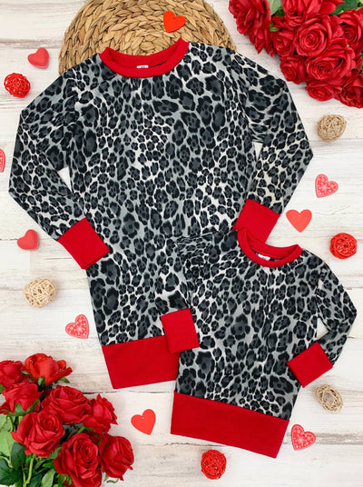Mommy and Me Matching Tops | Leopard Print Long Sleeve Red Hem Tunic
