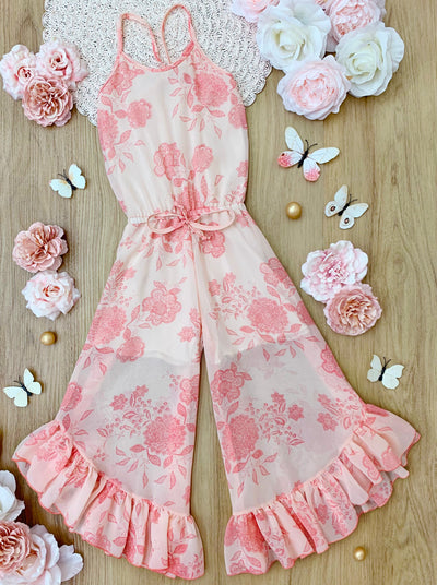 Girls Floral Pink Sleeveless Ruffle Hem Jumpsuit - Mia Belle Girls
