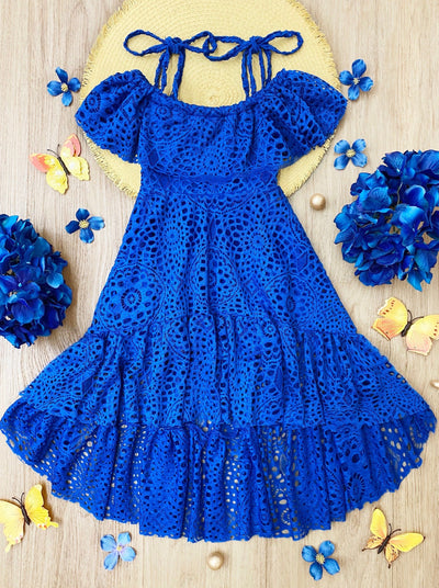 Girls Summer Dress | Toddler Blue Cold Shoulder Maxi Eyelet Sundress 