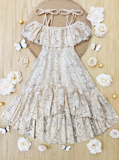 Toddler Spring Dress | Girls Neutral Cold Shoulder Maxi Lace Sundress