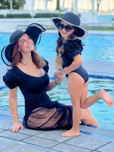 Mommy & Me One Piece Swimsuits | Black Rose Sleeve One Piece Swimsuit
