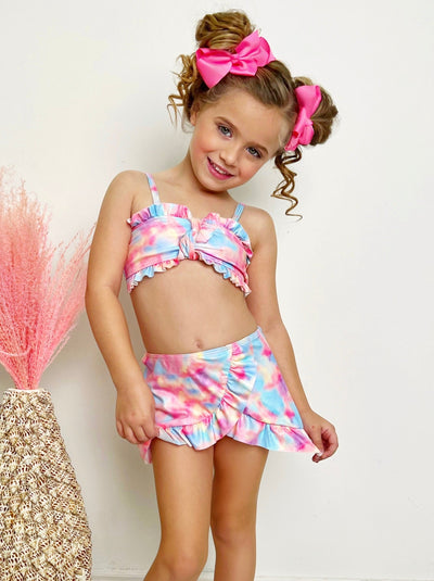 Kids Swimwear | Tie-Dye Pastel Rainbow Ruffle Three Piece Swimsuit