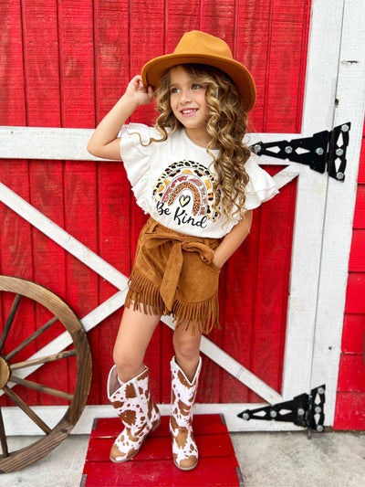 Toddler Spring Outfits | Girls "Be Kind" Top & Suede Fringe Shorts Set
