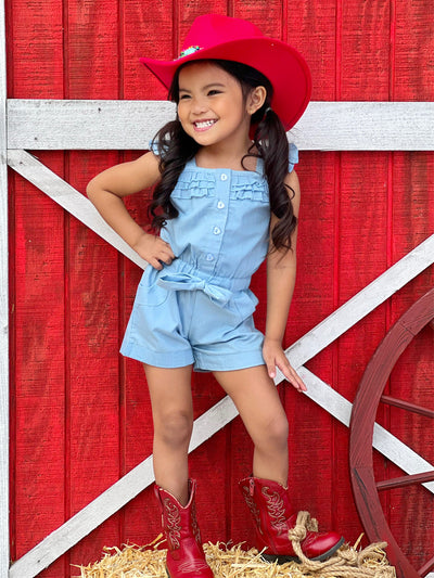 Chambray Ruffle Romper | Kids Cowgirl Fashion | Mia Belle Girls